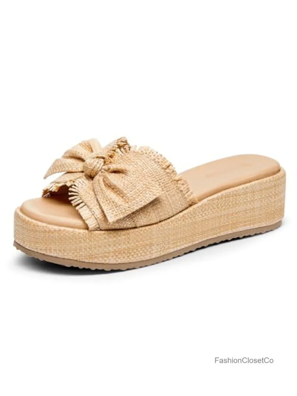 Womens Raffia Platform Wedge Sandals Bow Open Toe Slide Espadrilles